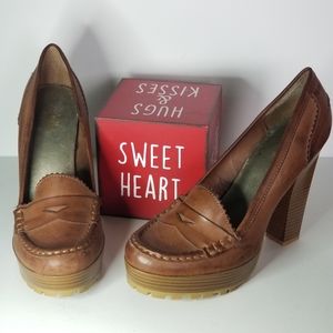 MIA Wood Platform Loafer Pumps Leather/Wood, Deep Tan (box not included)